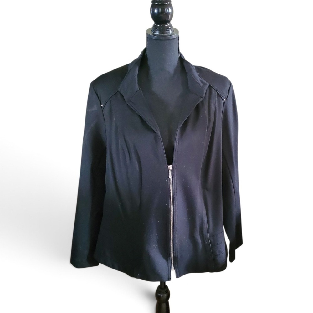 Avenue Womens Black Zip Front Blazer Jacket Sz 14/16 Ponte Knit Workwear Stretch